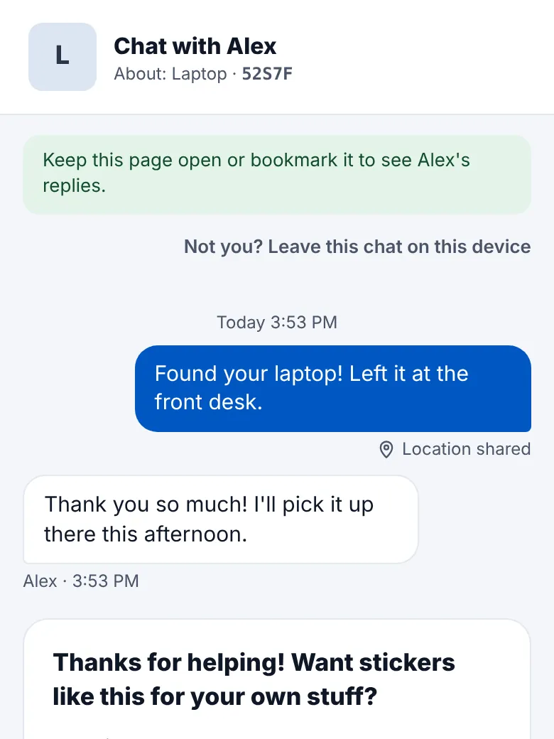 The finder's chat with Alex: Found your laptop! Left it at the front desk. And Alex's reply.