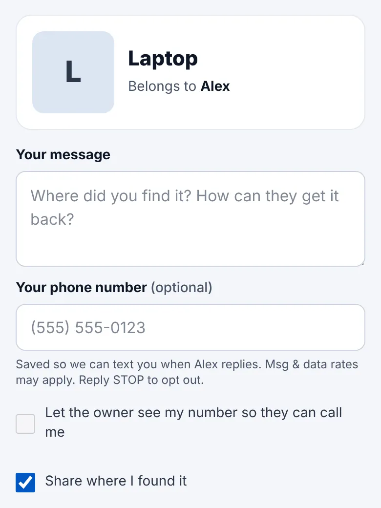 The page a finder sees after scanning: the item, the owner's first name and a box to write a message. No phone number.