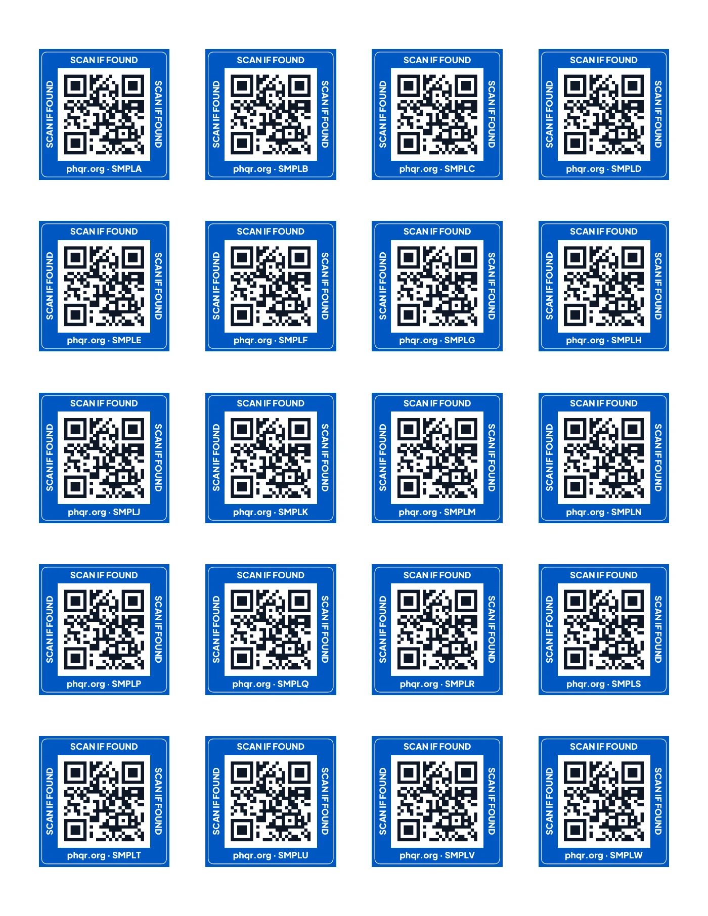 A sheet of 20 PHQR stickers.