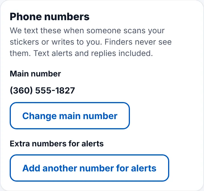 PHQR Settings, Phone numbers: the confirmed main number, with Change main number and Add another number for alerts.